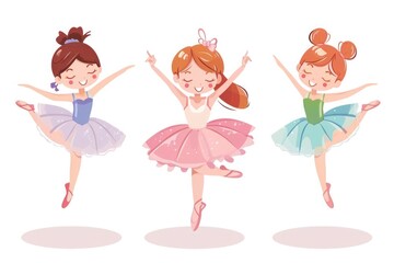 Three little ballerinas in pink ballet tutus dancing on a white background