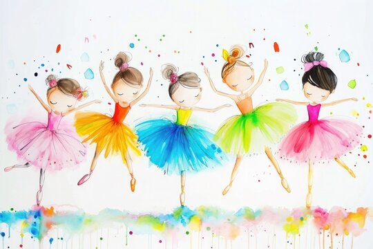 A row of ballerinas in colorful tutus dancing gracefully