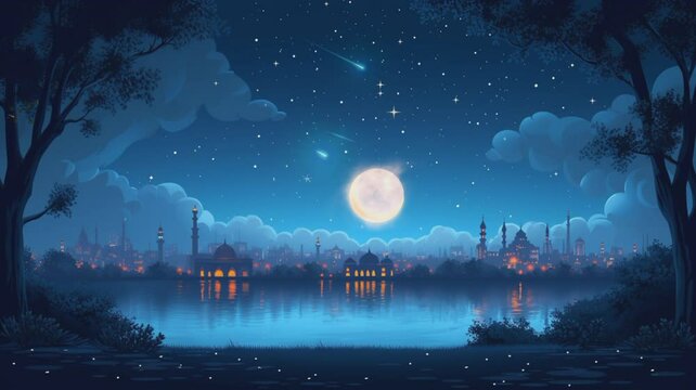 celebratory Islamic Ramadan style with mosque view of the moon in night sky