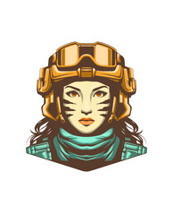 Female soldier with modern tactical goggles helmet and vast body armor, vintage retro color, white background, logo, emblem, t shirt, artwork hand drawn illustration