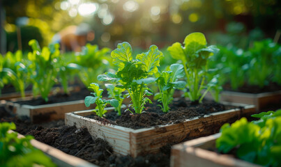 Raided beds in an urban garden growing plants herbs spices and vegetables.