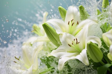 Splash of water with flowers, lilies, tiger, white,