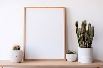 Beautiful and bright background, white room with mirror with wooden frame and decorative cactus