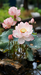Pink lotus flowers with raindrops on their petals are gently resting above the water, surrounded by large green leaves in a serene pond setting