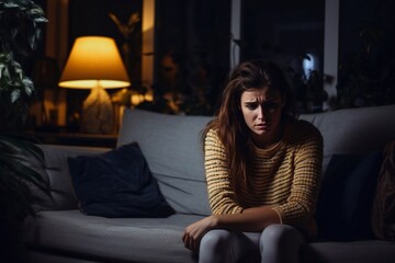 Obraz premium Beautiful woman suffering an anxiety attack alone in the night on a couch at home
