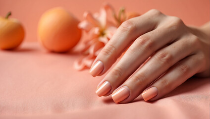 Woman's hand with a peach manicure. Free space for text