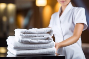 Beautiful young smiling woman maid making bed in hotel room, focus on stack of clean towels
 - obrazy, fototapety, plakaty