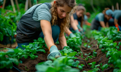 allotment garden where people are busy growing and caring for vegetable.