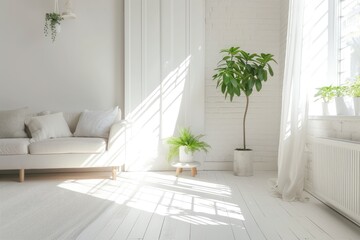 Scandinavian minimalist house interior with white painted walls, comfortable sofa, windows filled with sunlight and green plants in pots.