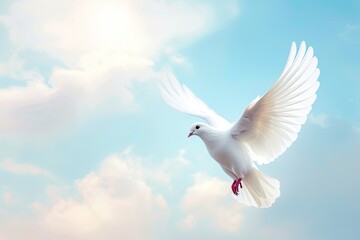 Cloudy sky cemetery background with flying white dove flapping its wings, there is copy space for text.