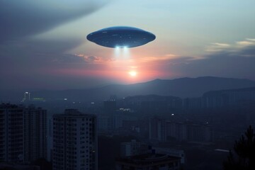 UFO seen soaring through the sunset sky above the city