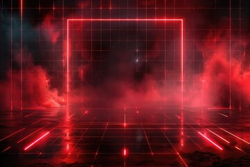 Abstract black red gaming background with modern luxury grid pattern retro vapor synthwave smoke fog, neon red light ray.