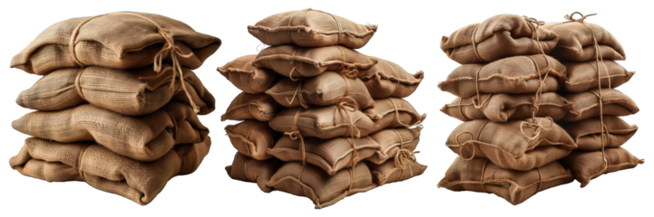 pile of burlap sacks isolated on transparent background ,stacked sacks png ,generative ai