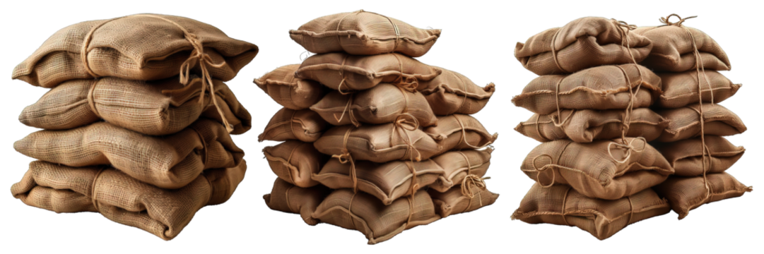 pile of burlap sacks isolated on transparent background ,stacked sacks png ,generative ai