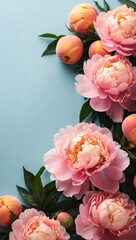 Delicate peach-colored garden peonies and small peaches on blue background. Space for text