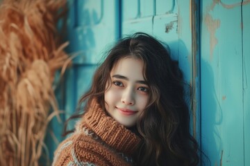 Cozy in knitwear, woman's warm gaze matches autumnal mood by blue door. Soft gaze, woman wrapped in knit sweater, exudes winter warmth, rustic charm. - Powered by Adobe