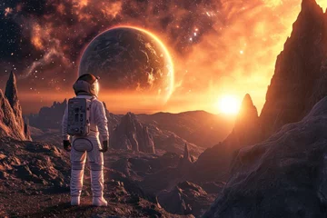 Poster an astronaut is standing on a planet looking at the sun © Anna