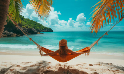 Happy beautiful girl in a straw hat and shorts, striped t-shirt, lying on a beach hammock between two palm trees, on the seashore of a tropical island.