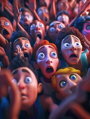 The image depicts a group of highly expressive animated characters gazing upwards with a mixture of shock, awe, and excitement on their faces. The crowd is densely packed, and the lighting creates an 