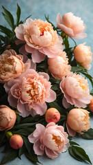 Delicate peach-colored garden peonies closeup. Bouquet of fresh flowers on blue background. Spring card