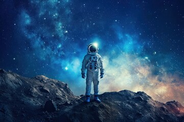 an astronaut is standing on top of a mountain looking at the stars