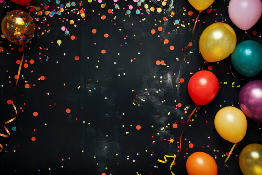 Greeting bright background with balloons and confetti.