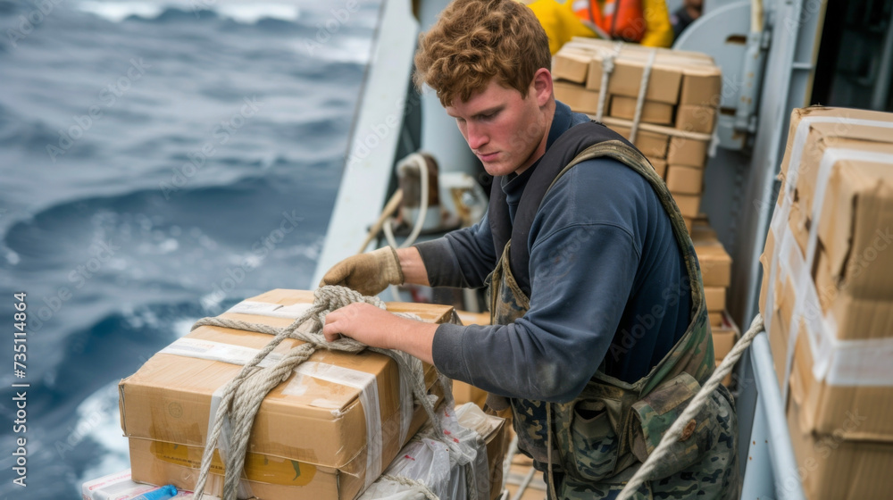 Poster even smaller items are not overlooked as a sailor carefully wraps ropes around boxes of supplies to 