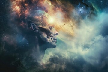 a painting of a man s head with a galaxy in the background