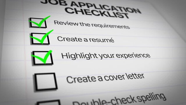 A close-up view of a job application checklist with checkmarks.	
