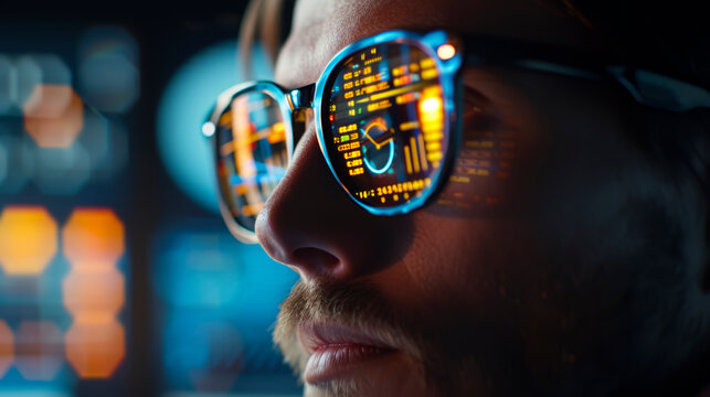 The reflection in the glasses of a financial analyst man.