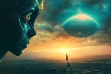 Foto op Canvas an alien is looking at a man standing in front of an ufo © Anna