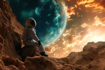 Foto op Canvas Astronaut gazes at Earth from a rock, admiring its atmosphere and clouds © Anna