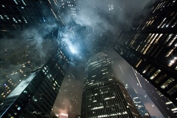 Dark cityscape with smoking tower blocks under a midnight sky