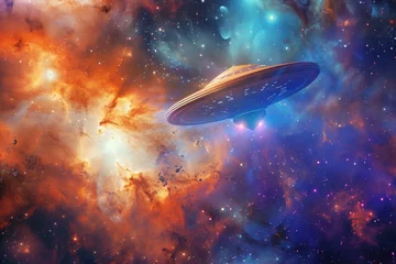 Foto op Canvas A UFO is navigating through a galaxy in the vastness of space © Anna