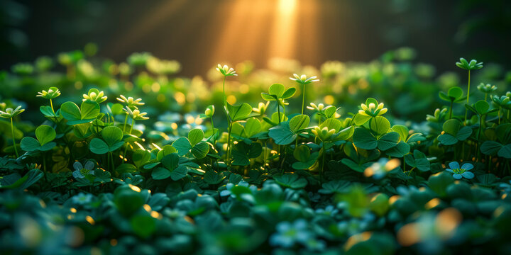 Bright background with clover leaves and sunlight for St. Patrick's Day.
