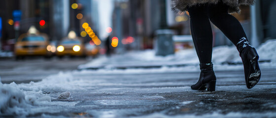 Pernas de mulher de salto alto andando em uma rua nevada em Nova York