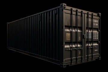 A dark 3D portrayal of a shipping container on a black background. Generative AI