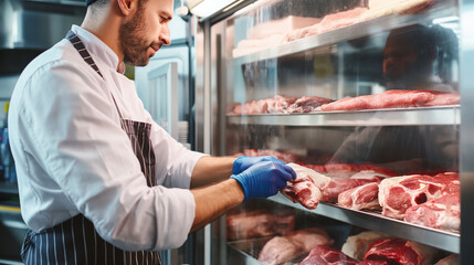 Açougueiro masculino cortando carne na cozinha comercial de um restaurante ou mercearia - obrazy, fototapety, plakaty