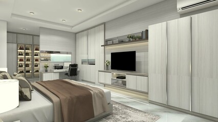 Luxury Master Bedroom Design with TV Cabinet, Work Desk, Clothes Wardrobe and Display Collection Cabinet