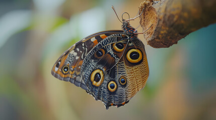 An intricate capture of a butterfly emerging from its chrysalis, showcasing the transformative journey and the beauty of rebirth in the natural world.
