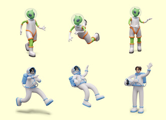 Set of figures of astronaut and green humanoid in space suit
