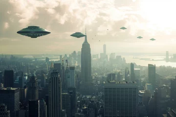Gordijnen Flying saucers soar over city buildings in the sky © Anna