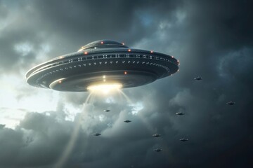 A UFO is soaring through a sky filled with swirling clouds