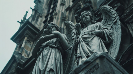 At the base of a Gothic cathedrals bell tower two angel sentinels stand tall and proud their...