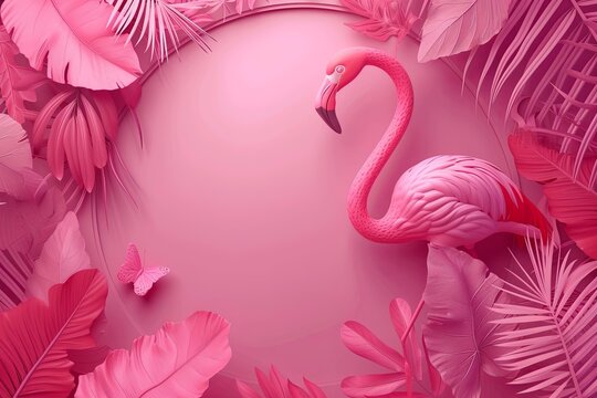 Neon tropical leaves around the circle, empty space in the center, pink flamingo and pink leaves and pink butterfly and some pink tropical elements around the circle, on neon pink tones background.

