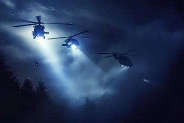 Foto op Plexiglas Three military helicopters navigate through a cloudy night sky © Anna