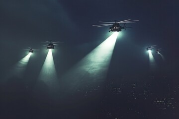 A group of helicopters illuminating the night sky with dazzling lights