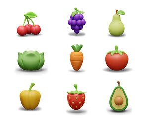 3D cherry, grape, pear, cabbage, carrot, tomato, bell pepper, strawberry, avocado