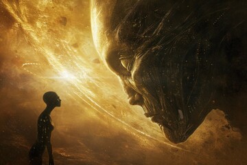 a woman is standing in front of a large alien head