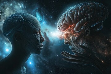 a woman and a brain are looking at each other in space
